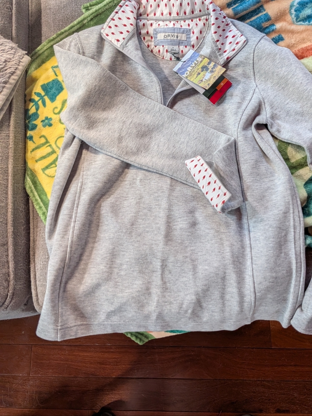 Orvis Light Gray Zip-Neck Pullover with Red Printed Lining